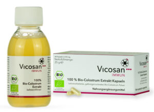 Das Bild zeigt eine Flasche mit 125 ml Bio-Colostrum Serum und eine Schachtel mit 60 Kapseln Bio-Colostrum Pulver von VICOSAN