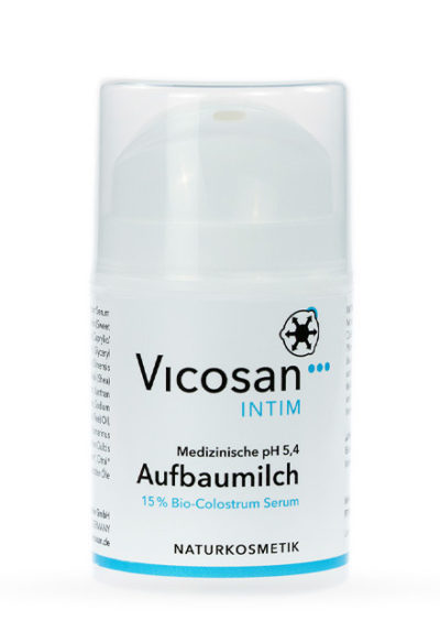 Das Bild zeigt einen Spender mit 30 ml Inhalt der VICOSAN intim Aufbaumilch mit Bio-Colostrum zur Intimpflege