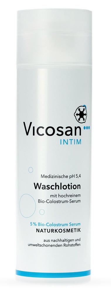 Das Bild zeigt einen 200 ml Spender der VICOSAN intim Waschlotion zur täglichen Intimpflege